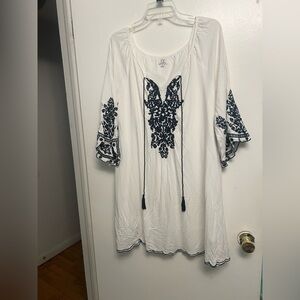 White and Navy Embroidered Boho Beachy Summer Women's Dress